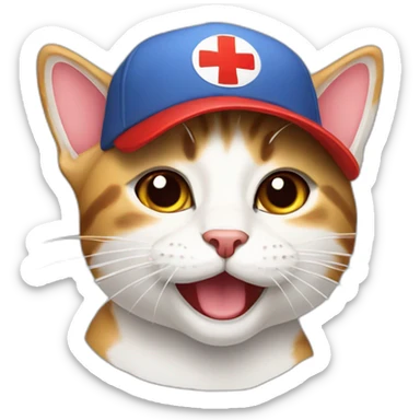 Cat with a cap and a big rotate Red Cross mark on the cap sticker