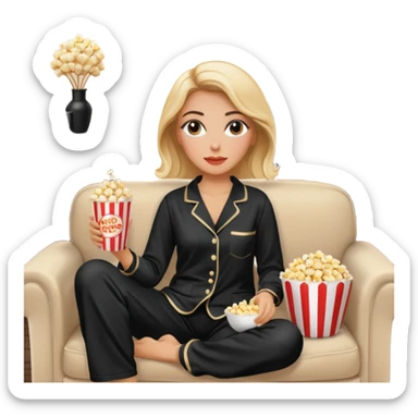 Stylish white woman with makeup in black pyjama watching tv with popcorn on beige couch sticker