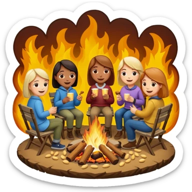 Born fire and people sitting beside born fire on chairs eating peanuts. Born fire is in the centre sticker
