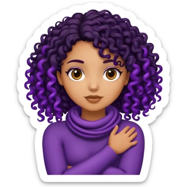 a Carmel girl with arms around neck with black curly hair but purple front stands curly hair sticker