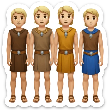 Cartagineses: un grupo de hombres jóvenes, pelo largo rubio y castaño, ropa buena, cara de niños de alrededor de unos 20/25 años.
cuerpo entero, de la época púnica sticker