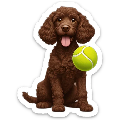 A chocolate colored curly doodle dog juggling three tennis balls sticker