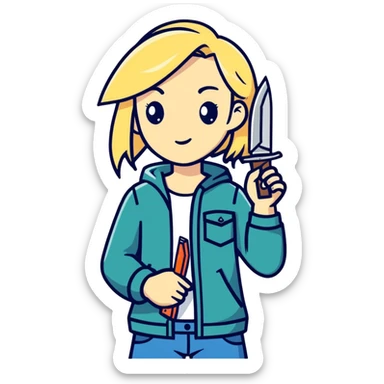 A blonde girl holding a pocket knife ￼ sticker