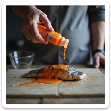 realistic 4K photo of a man holding a bottle of orange dye above a gray salmon fillet, kitchen environment sticker