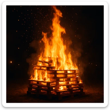 a pallet bonfire, stacked wooden pallets ablaze, bright fire, sparks, nighttime, festive atmosphere sticker