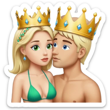 Blonde Queen Green eyes with crown in Bikini kissing Male subject dark Hair blue eyes sticker