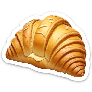 Cinematic golden croissant, perfectly flaky with crisp layers, slightly cracked to reveal buttery soft interior, warm golden glow, highly detailed and inviting. sticker