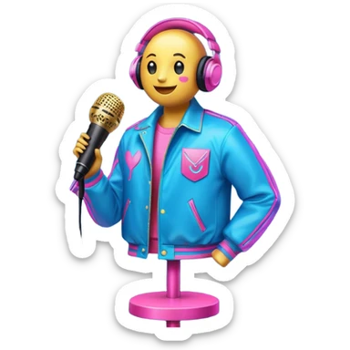 Create a vibrant and energetic emoji that represents pop or stage vocal performance without human figures. The design should feature a microphone on a stand, musical notes, and an illuminated stage with a spotlight to symbolize the live performance aspect. Add a stylish stage costume (e.g., a glittering jacket or sequined outfit) hanging on a hanger, to evoke the glamour of pop singing. Include elements like studio headphones, a music mixer, or a soundboard to reflect the technical side of the performance. Use bright colors like neon pink, electric blue, and gold to convey energy and creativity. The background should be transparent. sticker