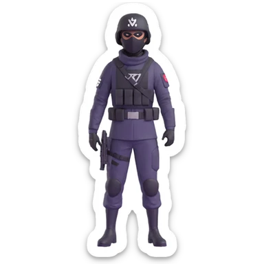 armed figure in all-black military clothing, shiesty mask, and helmet, standing in a ready pose sticker