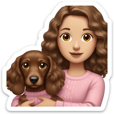 Brunette white girl with wavy hair in a pink sweater holds a dachshund chocolate and cream long haired puppy in her arms sticker