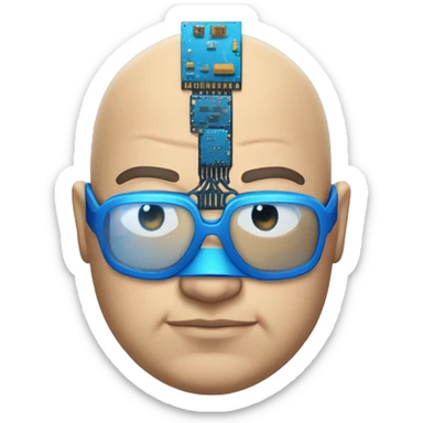 Fat bald cyborg head with tan skin, blue beard, blue goggles and circuits sticker
