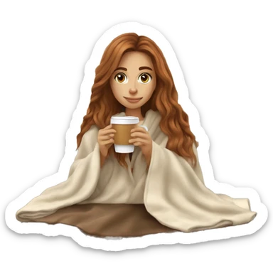 Auburn long haired girl in with a blanket and a latté coffe sticker