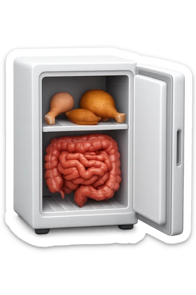 emoji stile iphone DI UN CONGELATORE CON INTESTINO realistico DENTRO INSIEME A PORZIONI DI POLLO E TACCHINO, iperrealistico 4k sticker