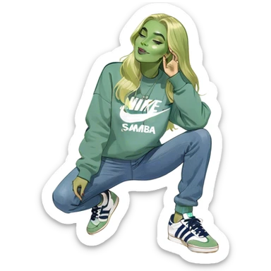 Girl long bright blonde hair parted in middle wearing light blue denim straight leg jeans and a Nike navy sweatshirt with adidas og samba shoes standing in a cozy living room blowing a kiss sticker