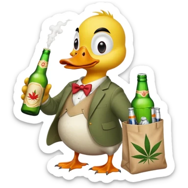 Drunk and high duck animal holding wĺeed bottle and a bag of weed. Looking really drunk sticker