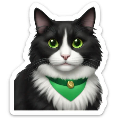 fluffy tuxedo cat with green eyes and green collar sticker