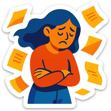 sad woman with flying papers around her, vibrant colors sticker