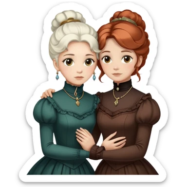 Two Victorian women with light eyes, one with white coiffed hair and one with dark copper coiffed hair, wearing Victorian turtleneck dresses with their arms tightly around each other sticker