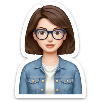 Anne Hathaway in glasses with short wavy hair and scoop neck white dress and denim jacket sticker