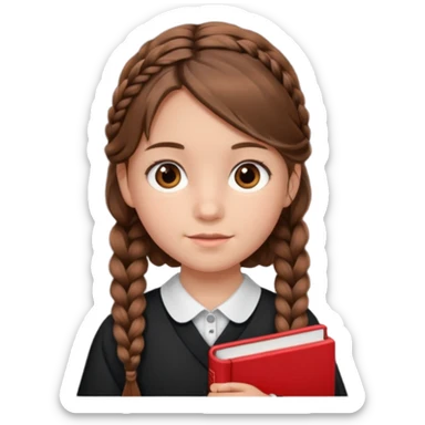 brown braid hair girl kid, student, black gile, red book sticker