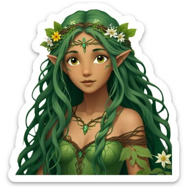Cinematic Realistic Forest Fairy Portrait, depicted with lifelike, sun-kissed tanned skin that radiates an earthy glow, softly illuminated by natural, dappled light. Her long, flowing dark green hair is intricately detailed and interwoven with delicate vines and wildflowers, while her deep, soulful eyes mirror the wisdom of the forest. Dressed in an attire inspired by nature’s palette—with subtle botanical motifs—the portrait exudes a soft, enchanted glow that melds realism with woodland magic showing her large butterfly wings from her back. sticker