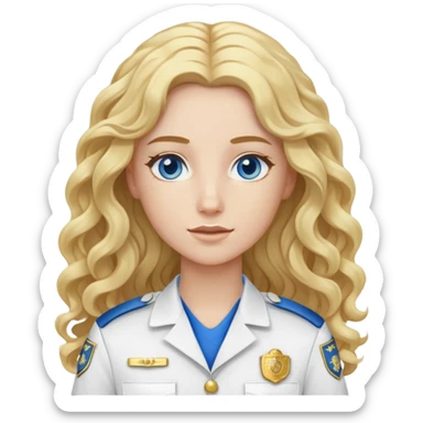 EMS personnel with long curly blonde hair and blue eyes wearing white and gold uniform sticker