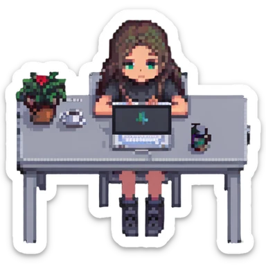 girl sitting at a desk with a MacBook, face partially hidden, cozy workspace, pixel art style sticker