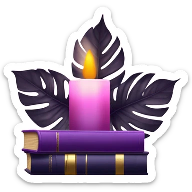 An elegant still life featuring a stack of light and dark violet books, a pink monstera plant, and a brass candle holder. sticker