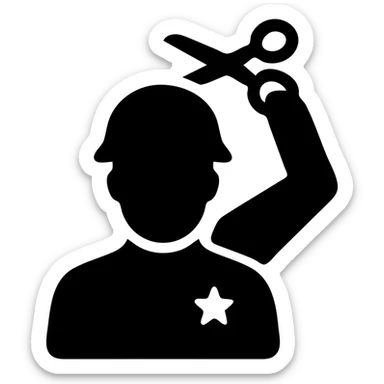 a soldier man getting a haircut, solid filled icon style sticker