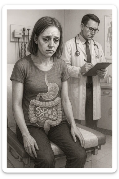 a woman in her 30s sits slumped on a doctor’s examination table, her face pale and eyes sunken with deep fatigue. A transparent overlay on her abdomen reveals stylized images of internal parasites, such as worms or protozoa, inside her digestive tract. The doctor stands nearby, reviewing medical charts. The mood is clinical and educational. sticker