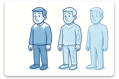 a man slowly turning to ice, each stage more frozen, cartoon style, blue and white color palette sticker