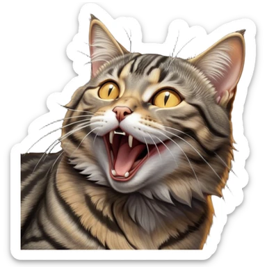 Cinematic Cute Yawning Grey and Black Brown Tabby Cat Portrait Emoji, Head tilted slightly with a dramatic, wide-open yawn, sleek grey-brown fur with dark black tabby stripes, sparkling amber eyes barely open, Simplified yet irresistibly adorable features, highly detailed, glowing with a soft, cozy glow, high shine, relaxed yet expressive, stylized with a touch of whimsy, bright and endearing, soft glowing outline, capturing the essence of a sleepy yet affectionate kitty, so drowsy it feels like it could stretch right out of the screen and curl up for a nap! sticker