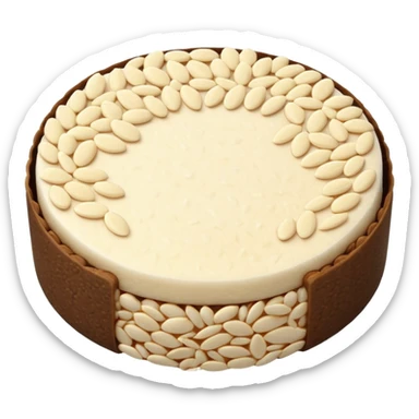 A round puffed rice cake, flat disc shape, light beige/off-white color, bumpy textured surface showing compressed puffed rice grains, crispy appearance, simple flat design, centered on transparent background. sticker