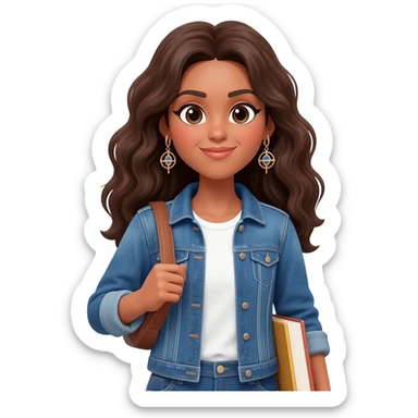 Woman with long brunnette hair, light brown skin, she is using a denim jacket with a white shirt and funky earrings and she is carrying books sticker
