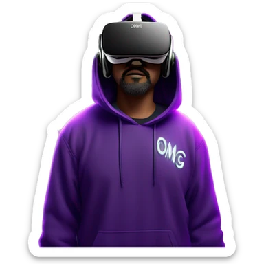 Big Lebowski wearing a black hoodie with "OMG" letters on it and VR headset oculus quest 2 in a cyberpunk VR environment with violet neon lighting. sticker