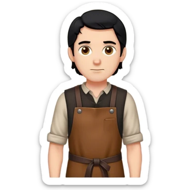 blacksmith outfit worn by a DnD themed fantasy character. basic wool tunic with a sturdy leather apron. clothes only above the waist. The clothes full waist. The character's haven't arms. character is black hair brown eyes short unkempt hair white man. sticker
