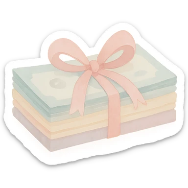 a stack of money in pastel colors, tied with a pastel pink bow, soft and cute sticker