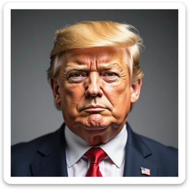 Donald Trump, hyper-photorealistic, maximum realism and detail, looks exactly like a real high-resolution photo, natural skin and facial features, signature hair, very foxy and cunning expression, plain background, minimal emoji influence, polished finish sticker