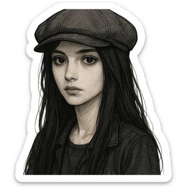 pale girl with long black hair wearing a driving cap, detailed character portrait sticker
