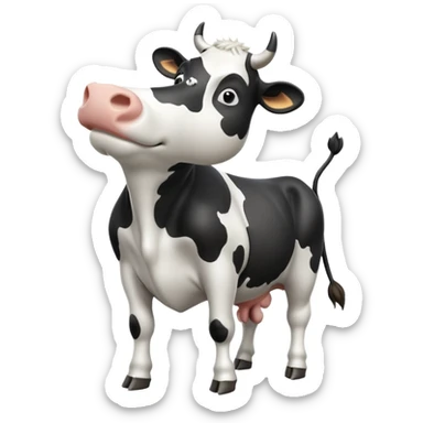 cinematic-[black and white cow]-realistic-full-body-standing-emoji,-tail-flicking-lazily,-head-tilted-dramatically,-sleek-[black and white]-coat,-simplified-yet-realistic-focused-features,-highly-detailed,-glowing-with-an-almost-sarcastic-glow sticker