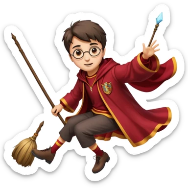 Cartoon-style illustration of Harry Potter flying on a broomstick, Gryffindor red and gold outfit, expressive face, dynamic motion, magical vibe, smooth shading, vibrant colors, no background, transparent background, isolated character. sticker