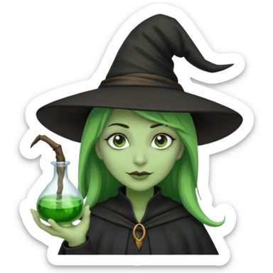 Witch with Green Skin – long-nosed witch in black hat holding potion sticker