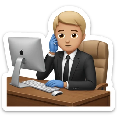 A man in corporate attire sitting at a desk, looking stressed while working on a computer sticker