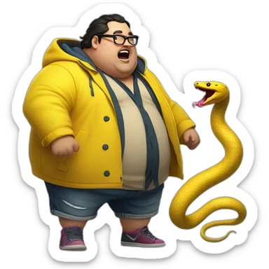 fat man with dark hair,a vibrant long yellow coat, pink glasses, short jeans shorts. Show full lenght peson, person fighting a snake monster sticker