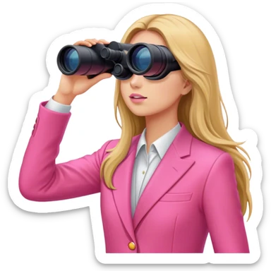 woman with long hair in an intensive color pink suit looking through binoculars sticker