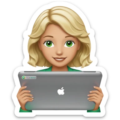 short wavy blonde hair tan skin teacher green eyes woman happy holding chromebook sticker