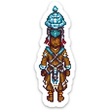 tribal colonist from RimWorld, pixel art style sticker