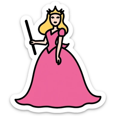 Glinda from Wicked musical, blonde witch with tiara, pink dress and magic wand sticker