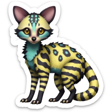 Rare realistic warm-colored lush exotic edgy epic aesthetic gloomy spooky dark modern colorful cyber-Genet-Trico-species-Fakemon-hybrid-creature, with beautiful intricate markings, full body sticker