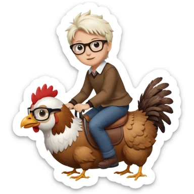 A dued whareing glasses that's ridding a dog-chicken mix sticker